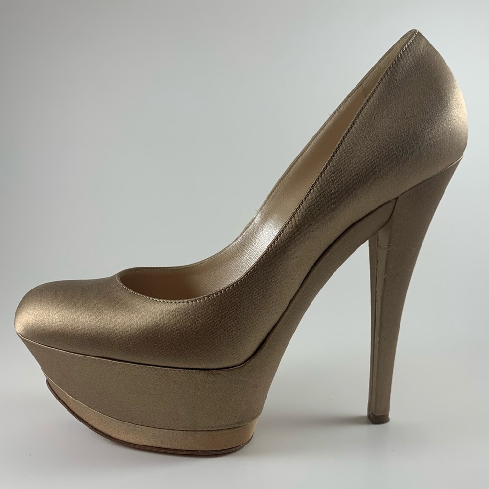 Casadei Sky High Gold Nude Satin Heels Size 7.5